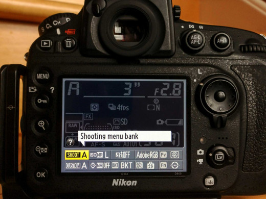 Nikon D800 Shooting Menu Bank Selection - Info Screen